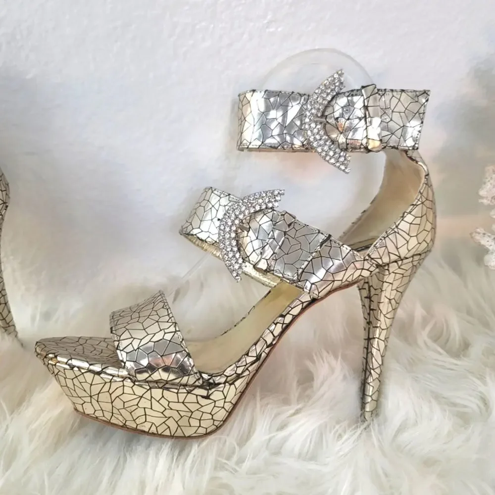 CLAUDIA CIUTI Silver Italian Mirror Mosaic Platform Heels Rhinestone Buckle Glam